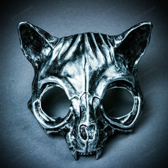 Silver Vampire Skull Cat Halloween Masquerade Robot Cat Costume Party Face Mask - Picture 4 of 7